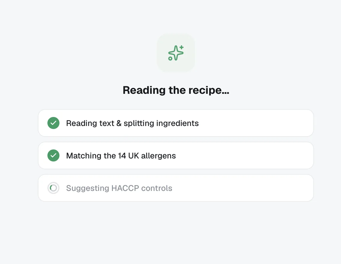 Blueroll AI reading a recipe, matching the 14 UK allergens and suggesting HACCP controls