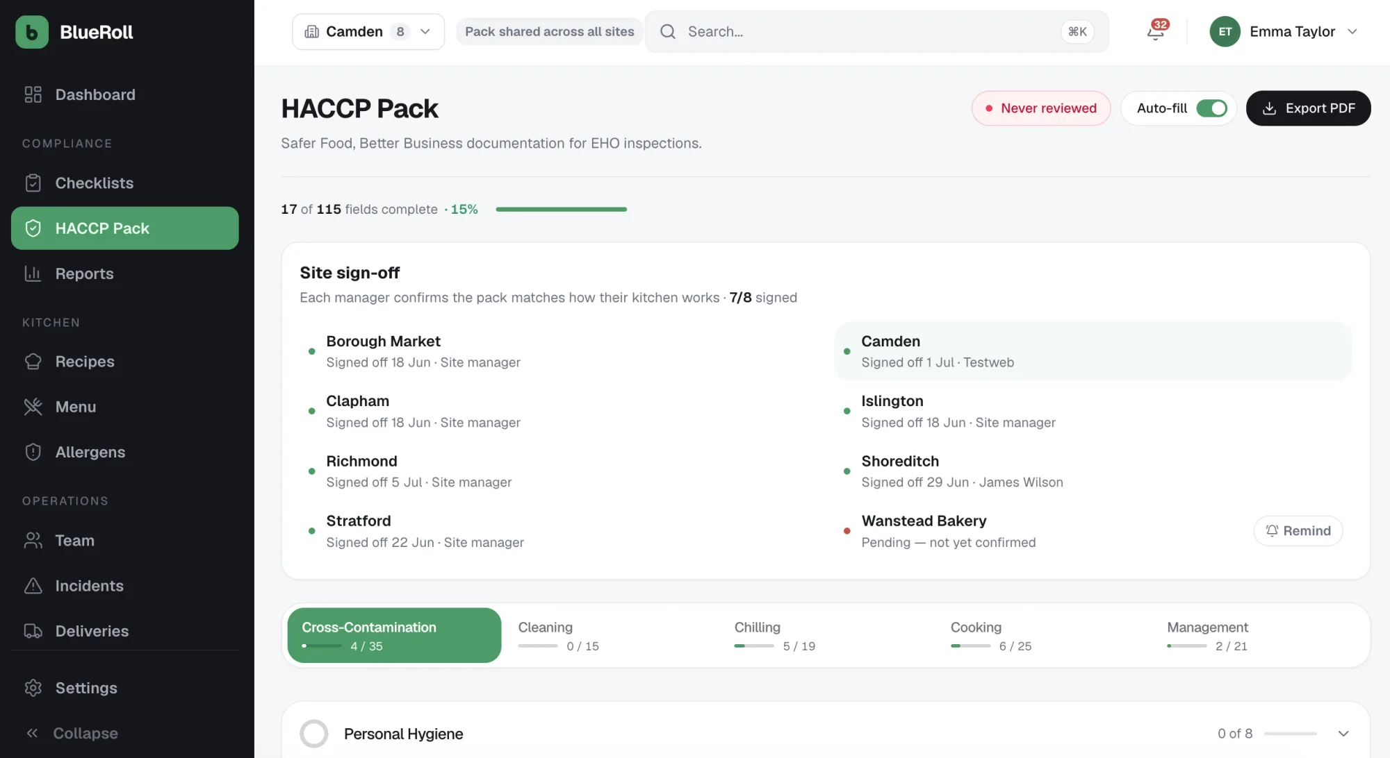 Blueroll digital HACCP pack showing multi-site manager sign-off, completion progress and EHO-ready PDF export