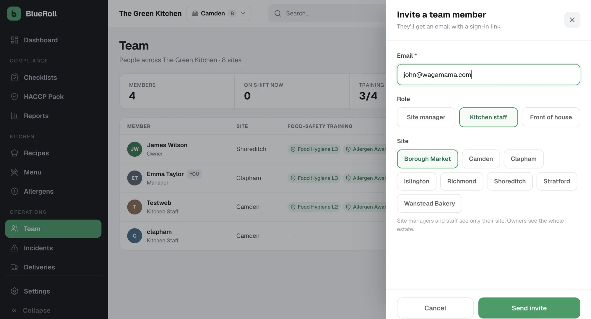 Blueroll restaurant team management showing staff roles, assigned sites and food-safety training records