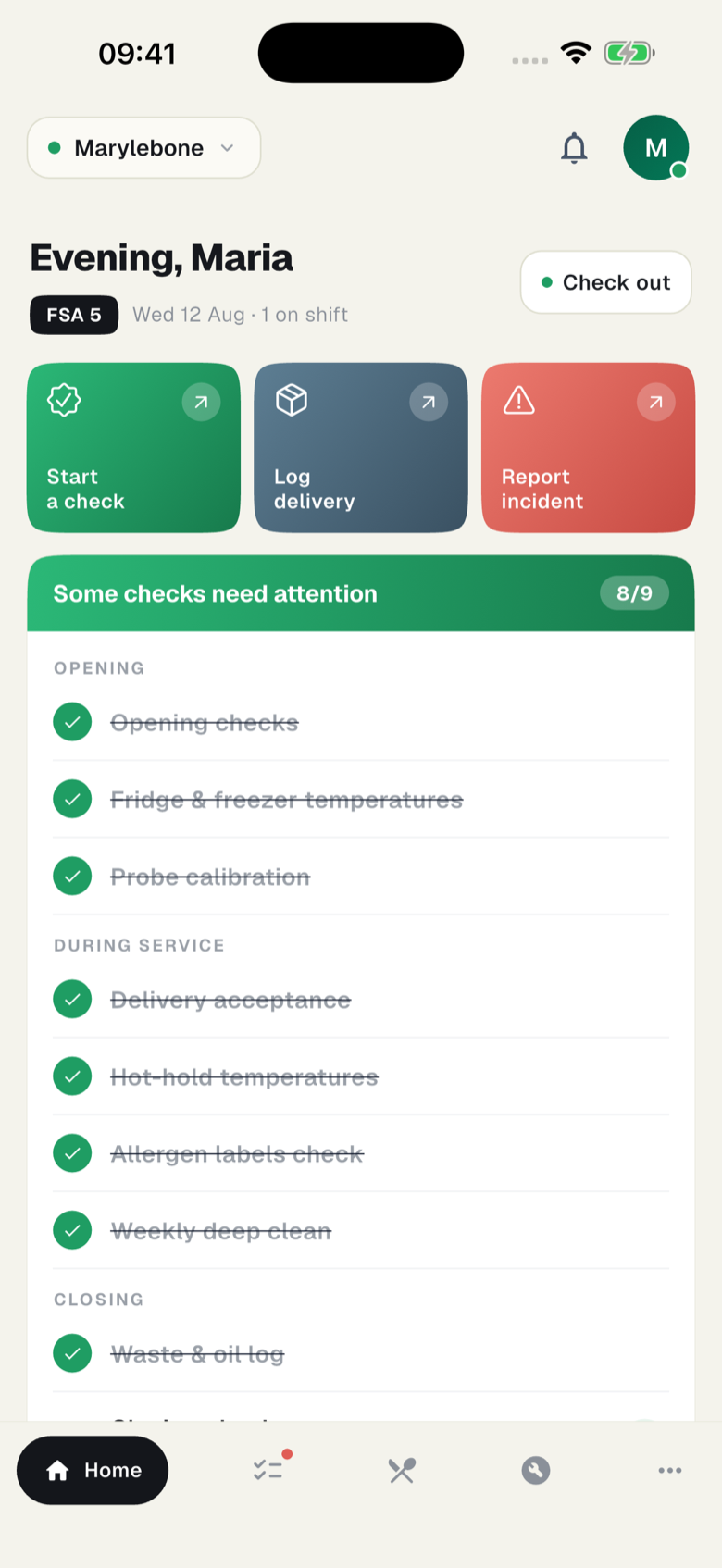 Blueroll mobile app — today's checks at Marylebone