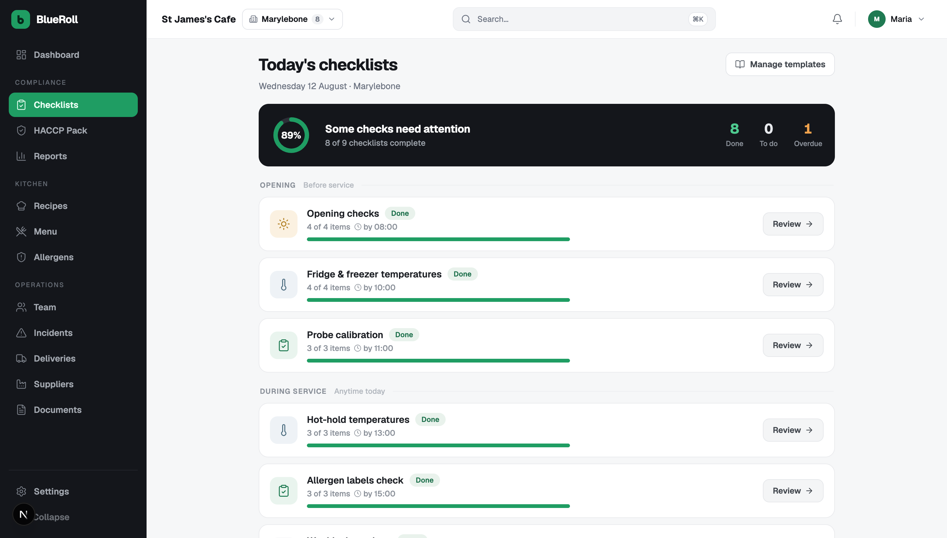 Blueroll checklists — today's checks grouped by service