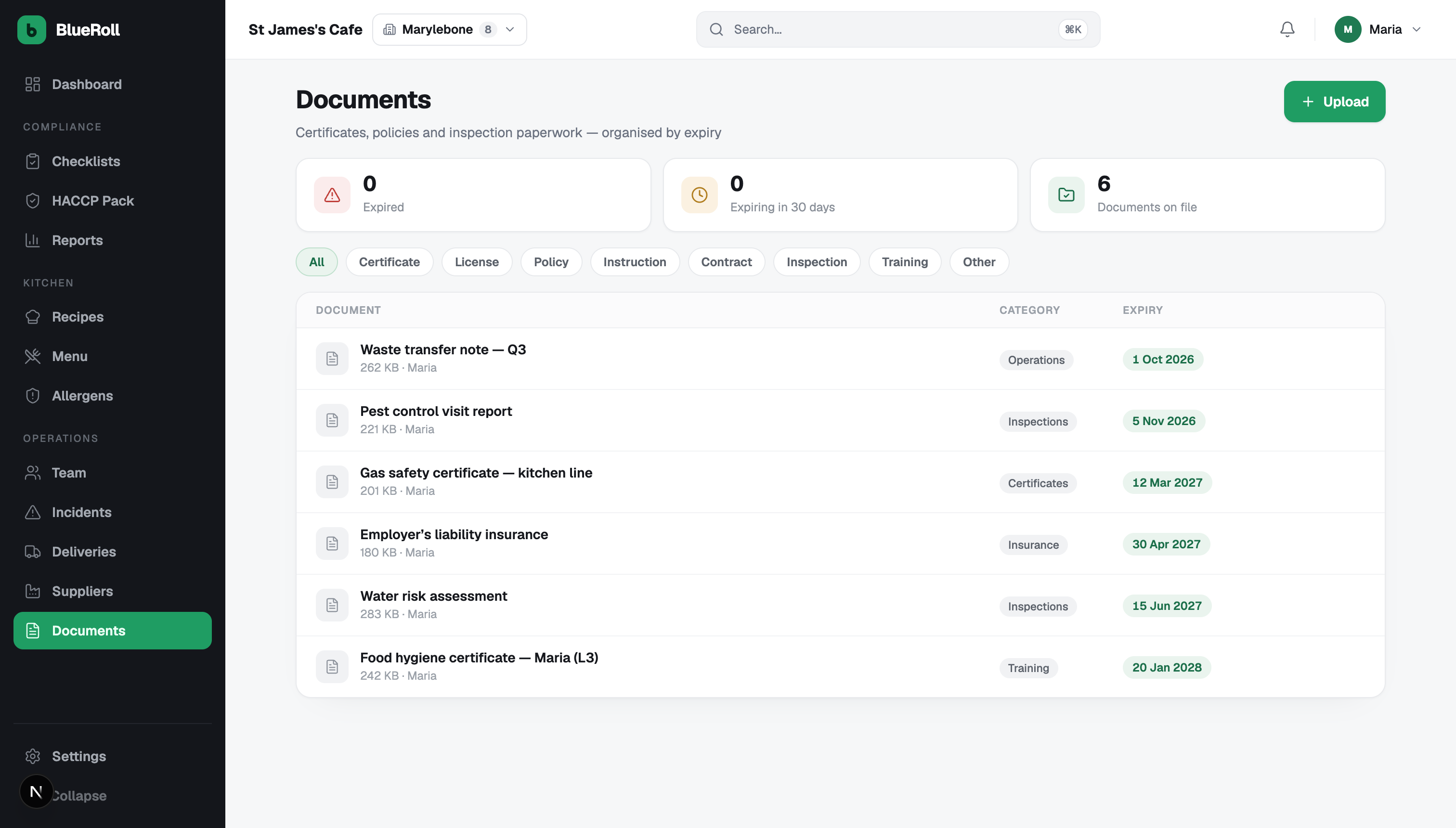 Blueroll documents — certificates and policies organised by expiry