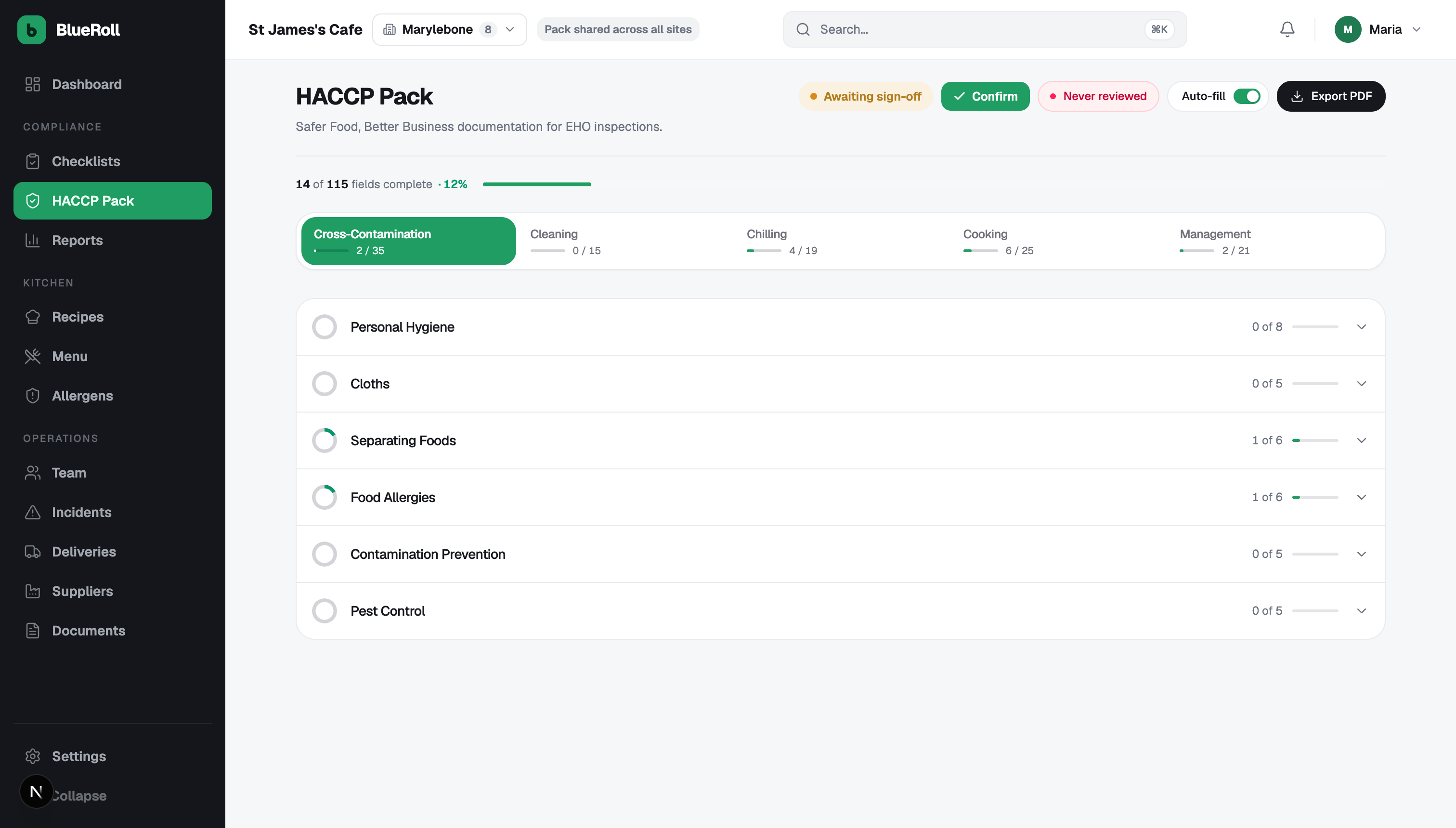 Blueroll HACCP Pack — SFBB-style sections auto-filled from live records