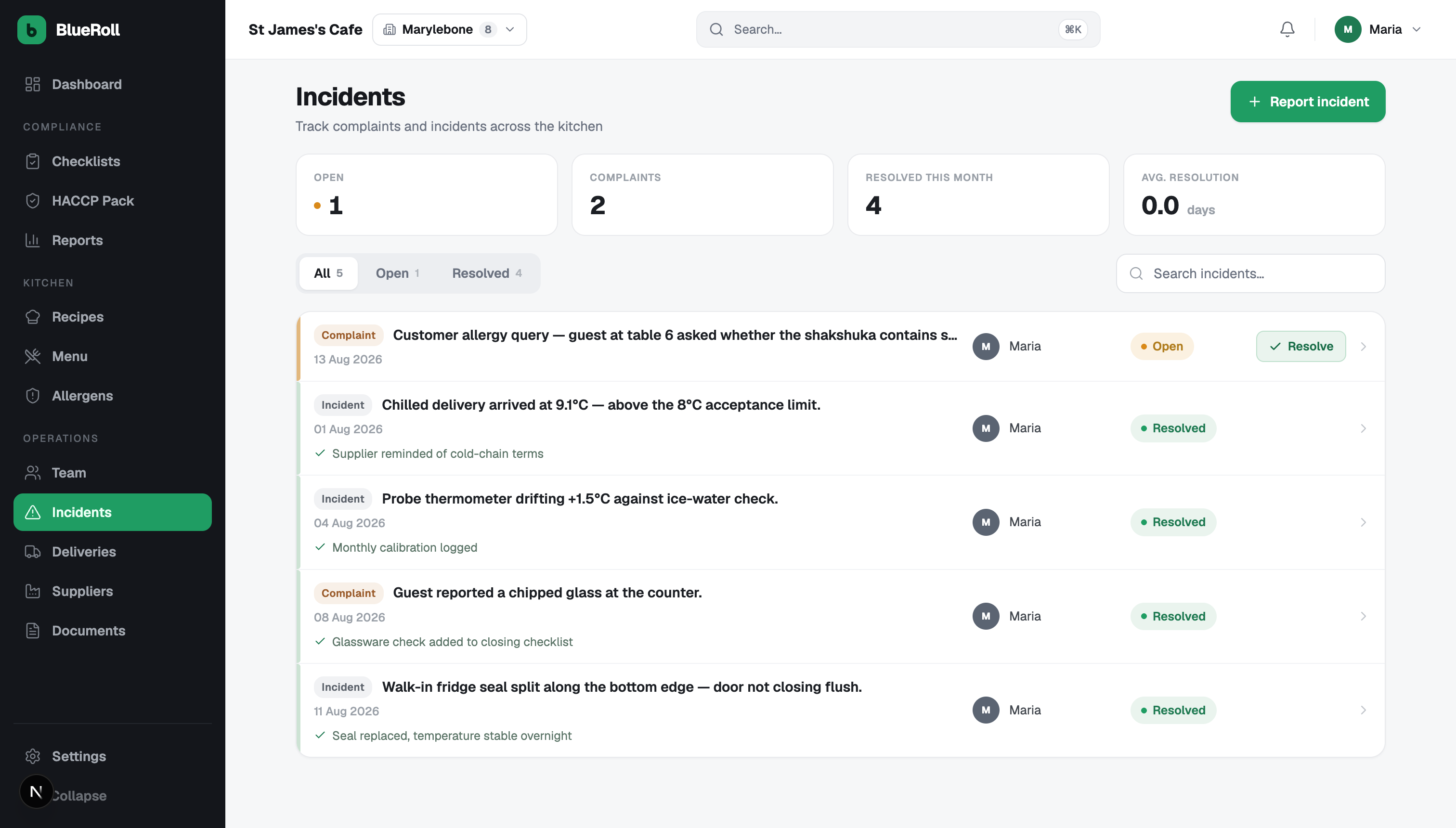 Blueroll incidents — open allergy query and resolved incidents with follow-up notes