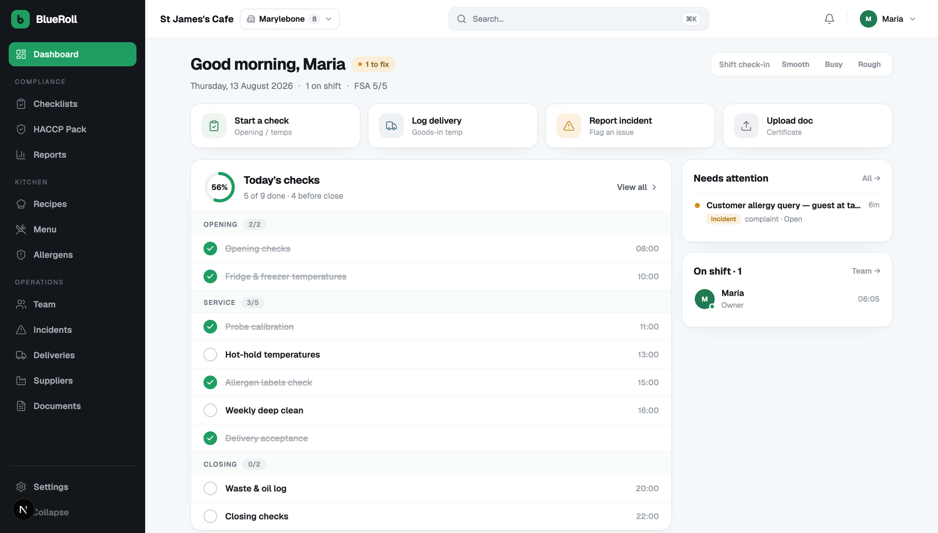 Blueroll single-site dashboard — today's checks, attention items and team on shift