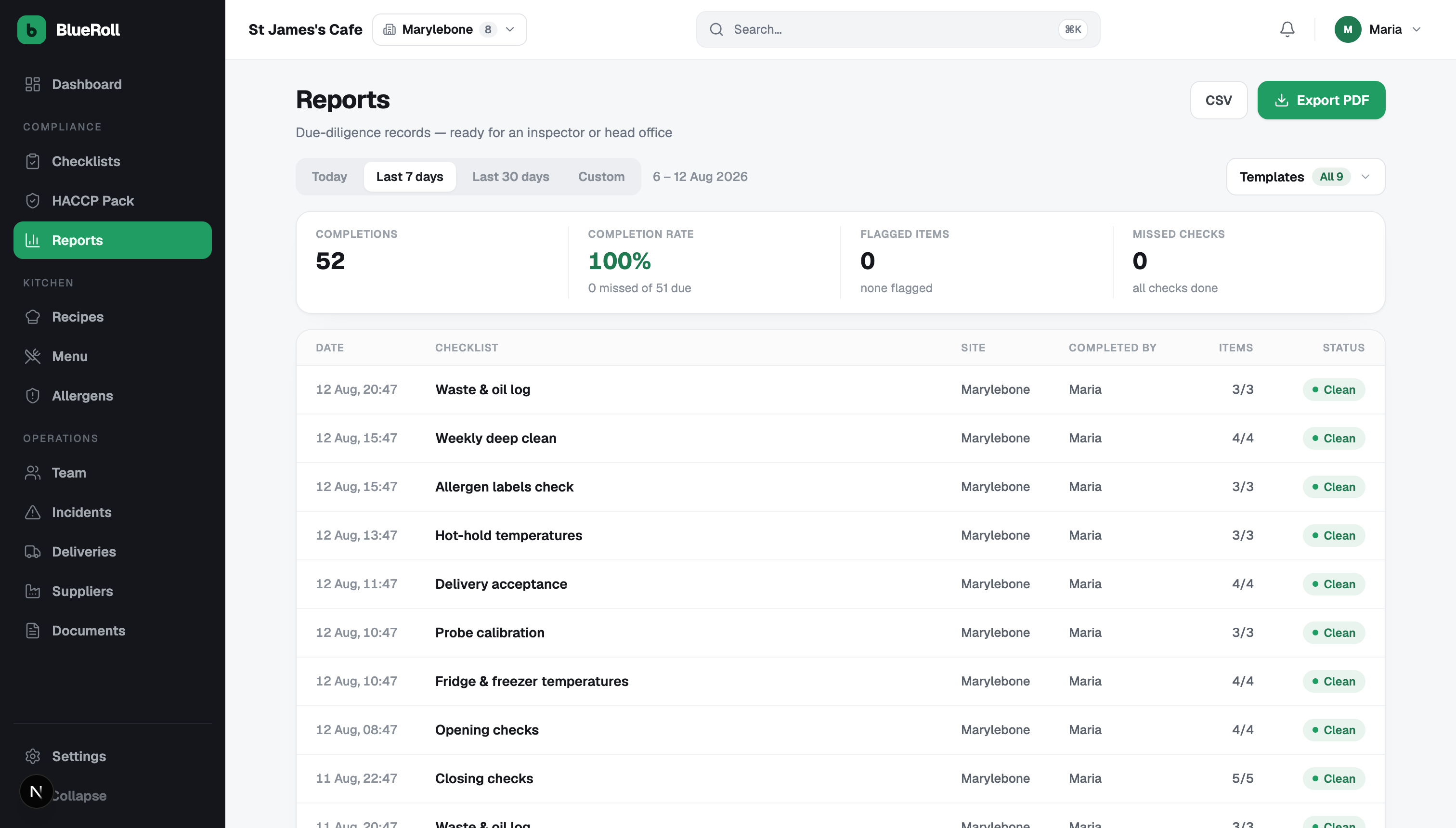 Blueroll compliance reports — one-tap EHO report packs